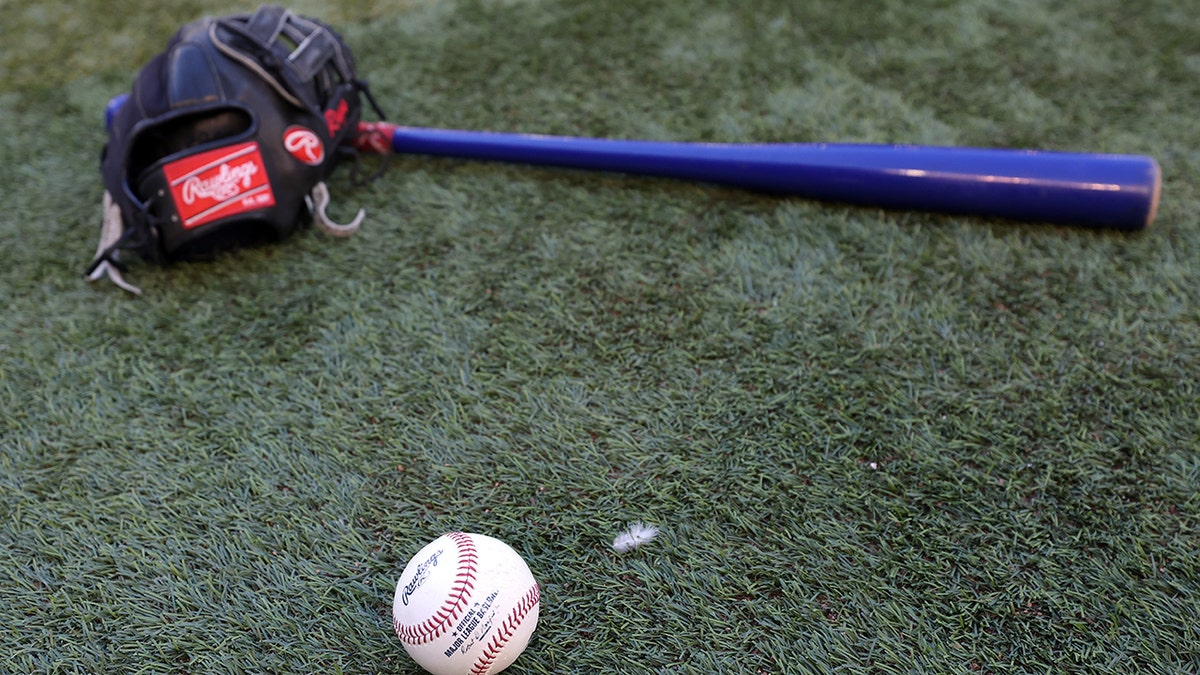Baseball glove, bat and ball on field
