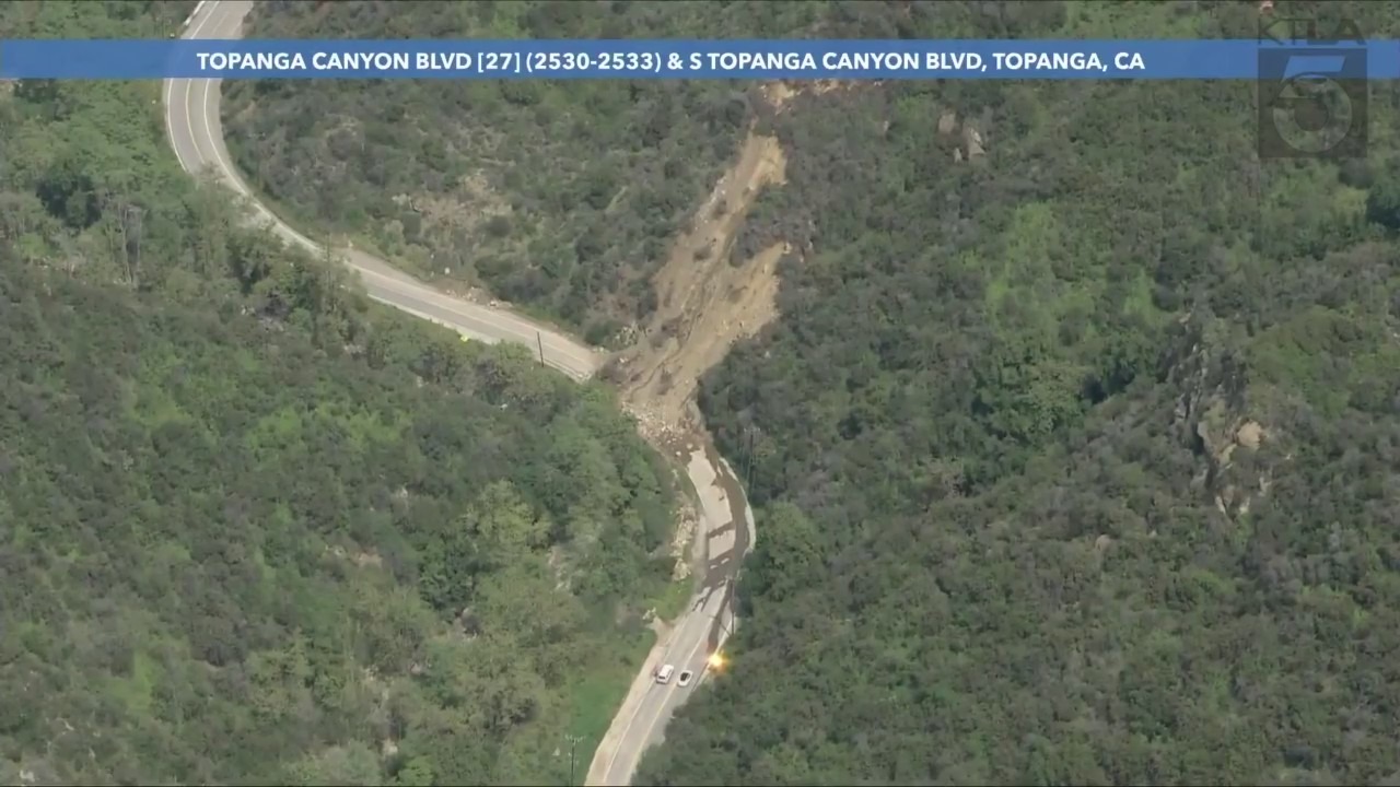 Aerial view of the landslide covering Topanga Canyon Boulevard