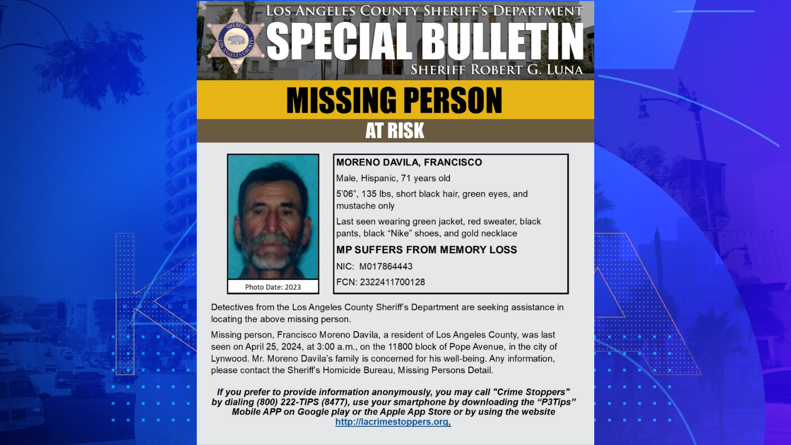 Francisco Davila Moreno, 71, missing from Lynwood, CA