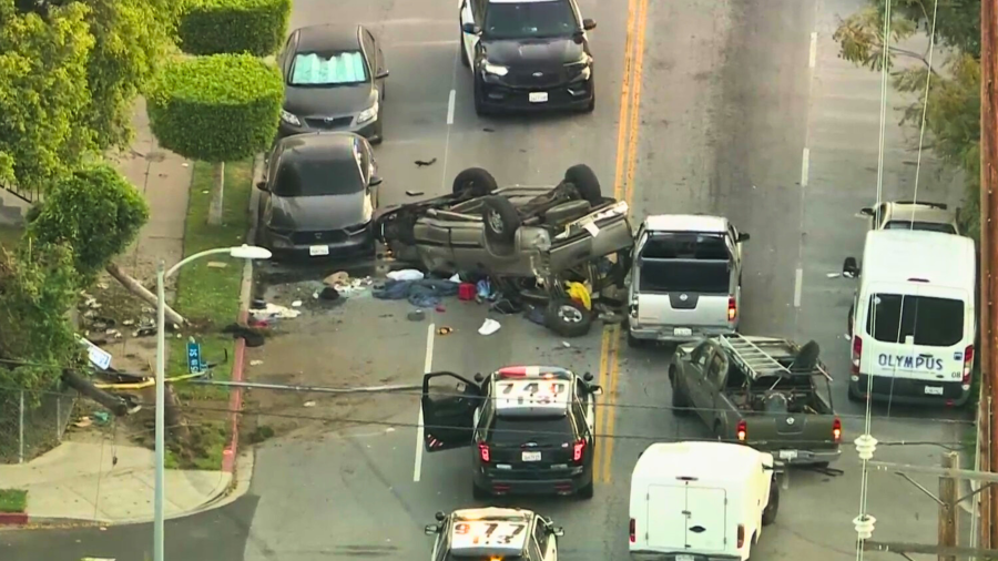 A vehicle overturned following a pursuit in Los Angeles on April 24, 2024.